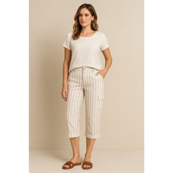 Chico’s W Linen Striped Crop Pants Sz 3 Beige White Coastal Boho Utility - Picture 1 of 9
